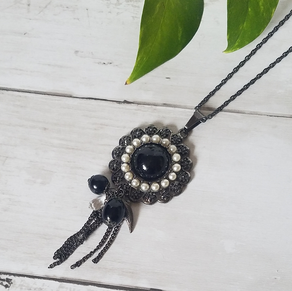 Long Dark Pewter Large Pendant with Tassels Necklace